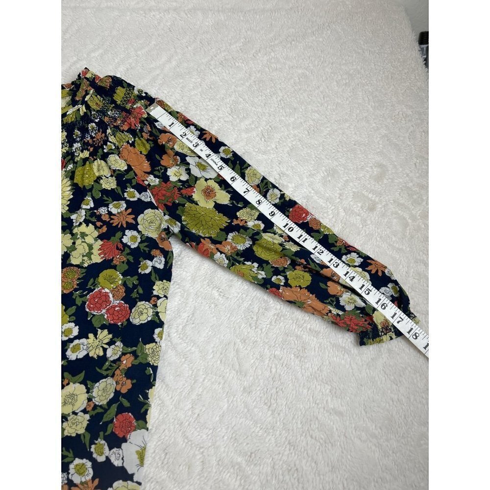 Odille Navy Floral Smocked Neck Long Sleeve Top Size 2 - Picture 9 of 9